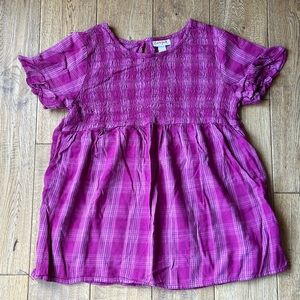 Cat & Jack Pink Plaid Smocked Short Ruffle Sleeve Top size XL (14/16)